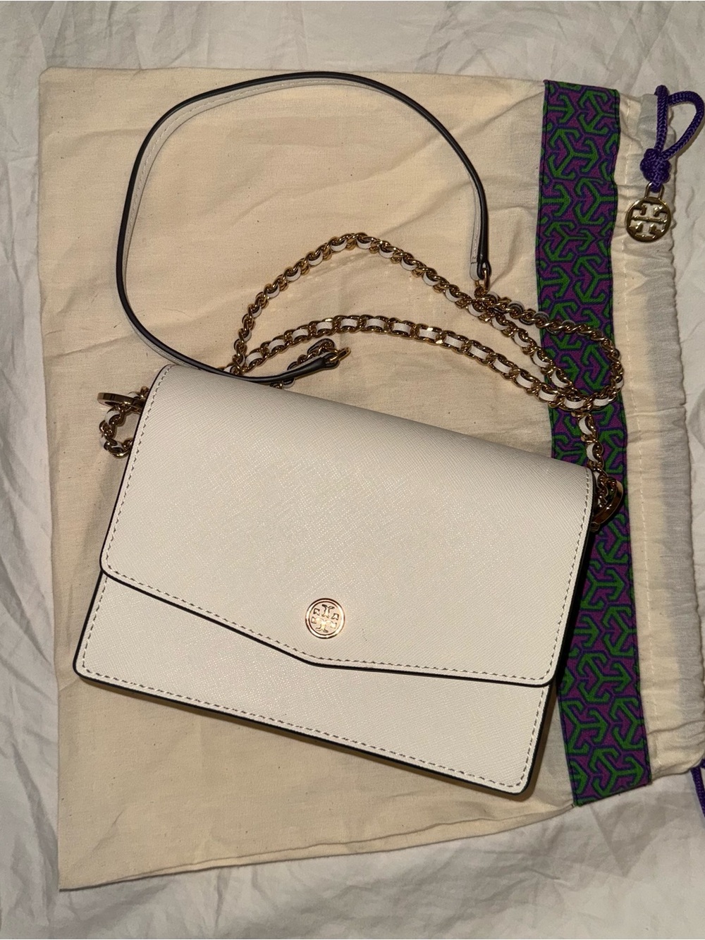 Tory Burch White Saffiano Leather Chain Crossbody with Gold Hardware